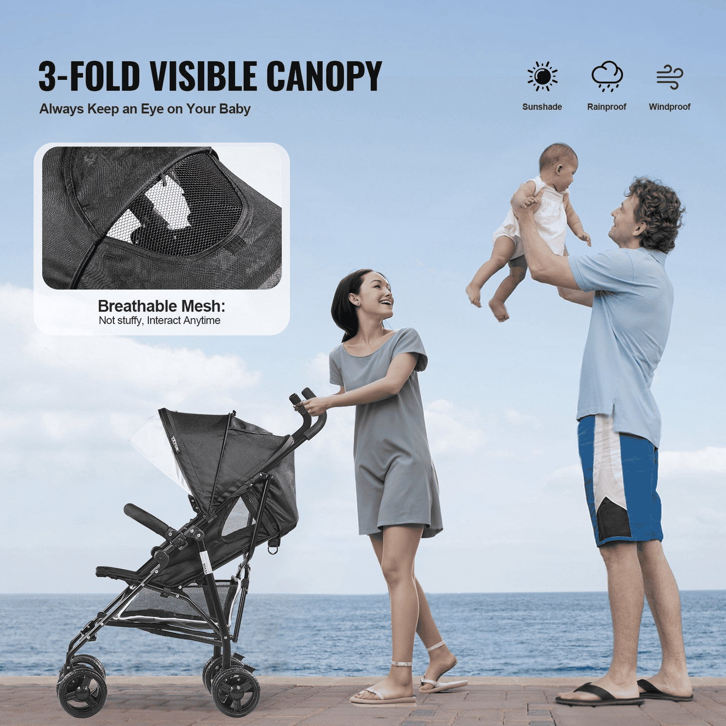 Lightweight Stroller Compact Easy Fold Adjustable Backrest Black/White