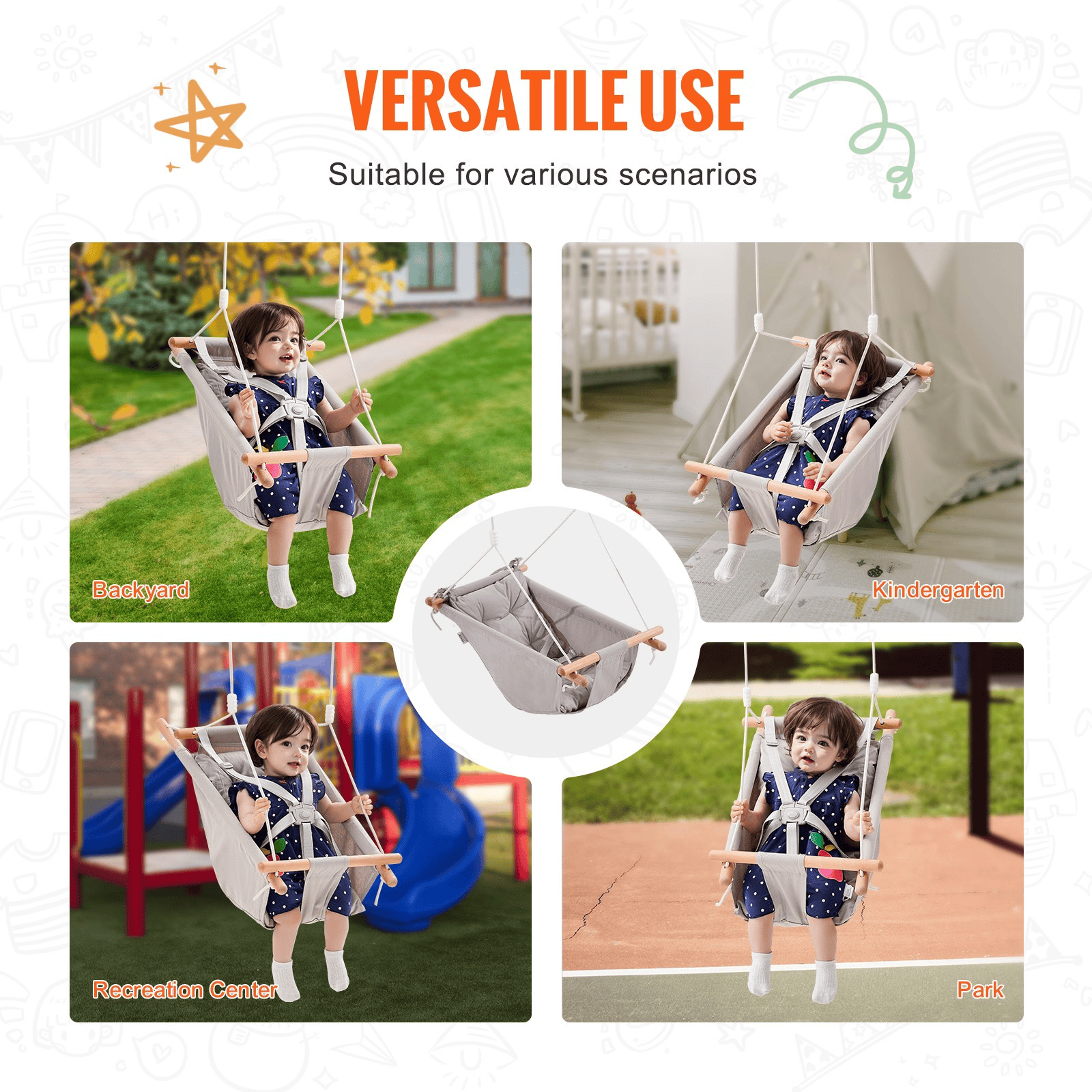 VEVOR Canvas Hammock Swing 3 Modes Baby Swing 5-Point Harness Indoor Outdoor