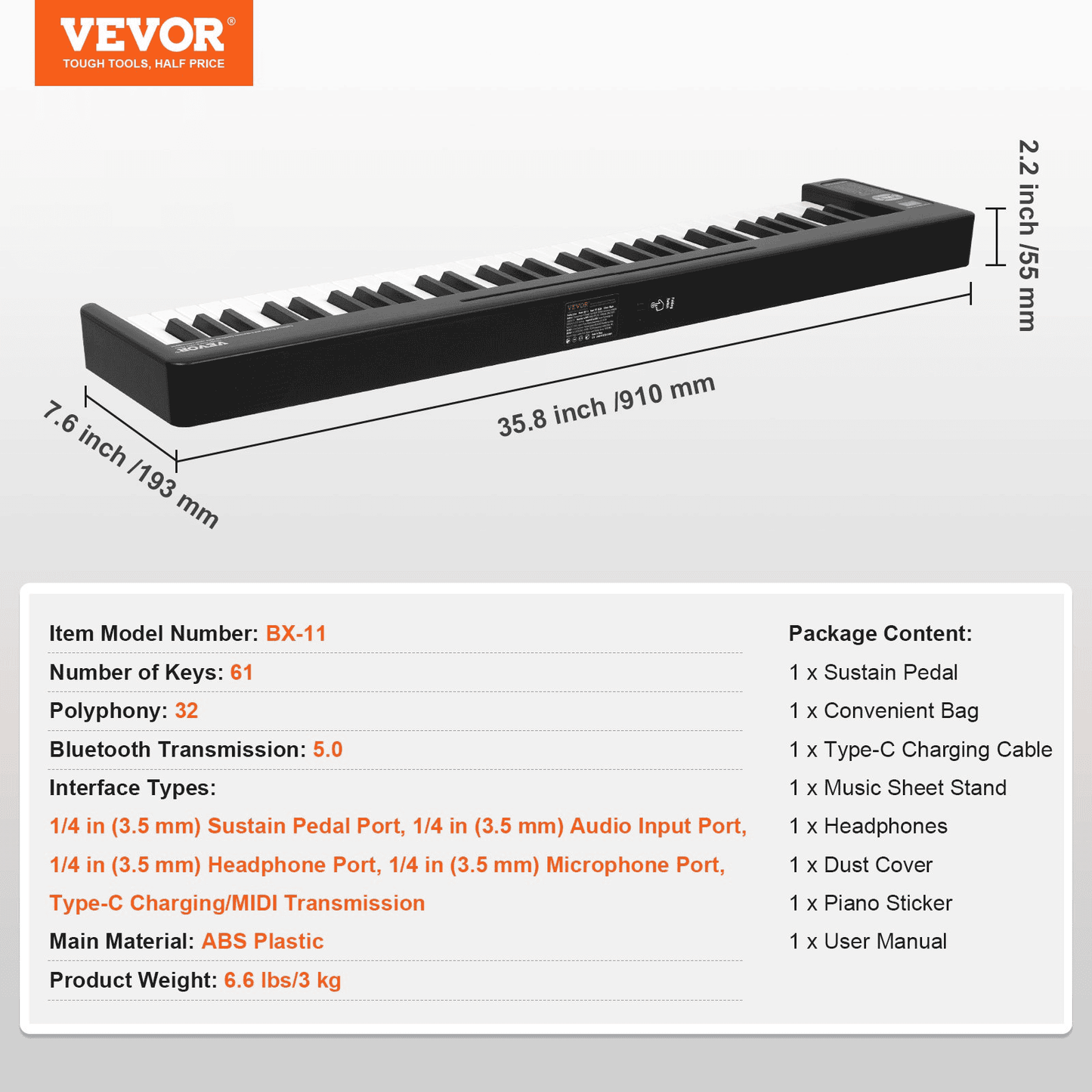 VEVOR 61 Key Folding Keyboard Piano Portable Foldable Piano Bluetooth MIDI Black