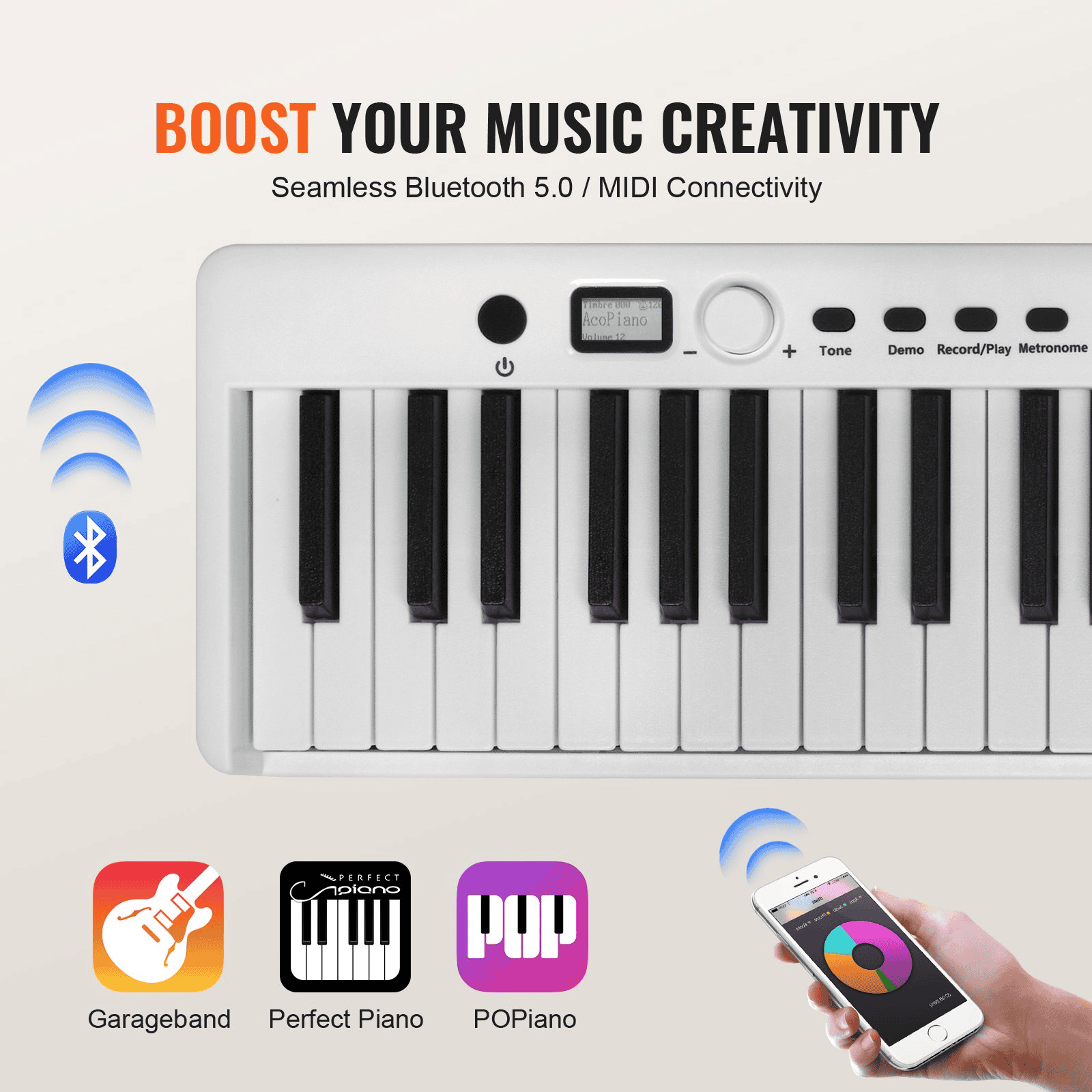 VEVOR 88 Key Folding Keyboard Piano Portable Foldable Piano Bluetooth MIDI White