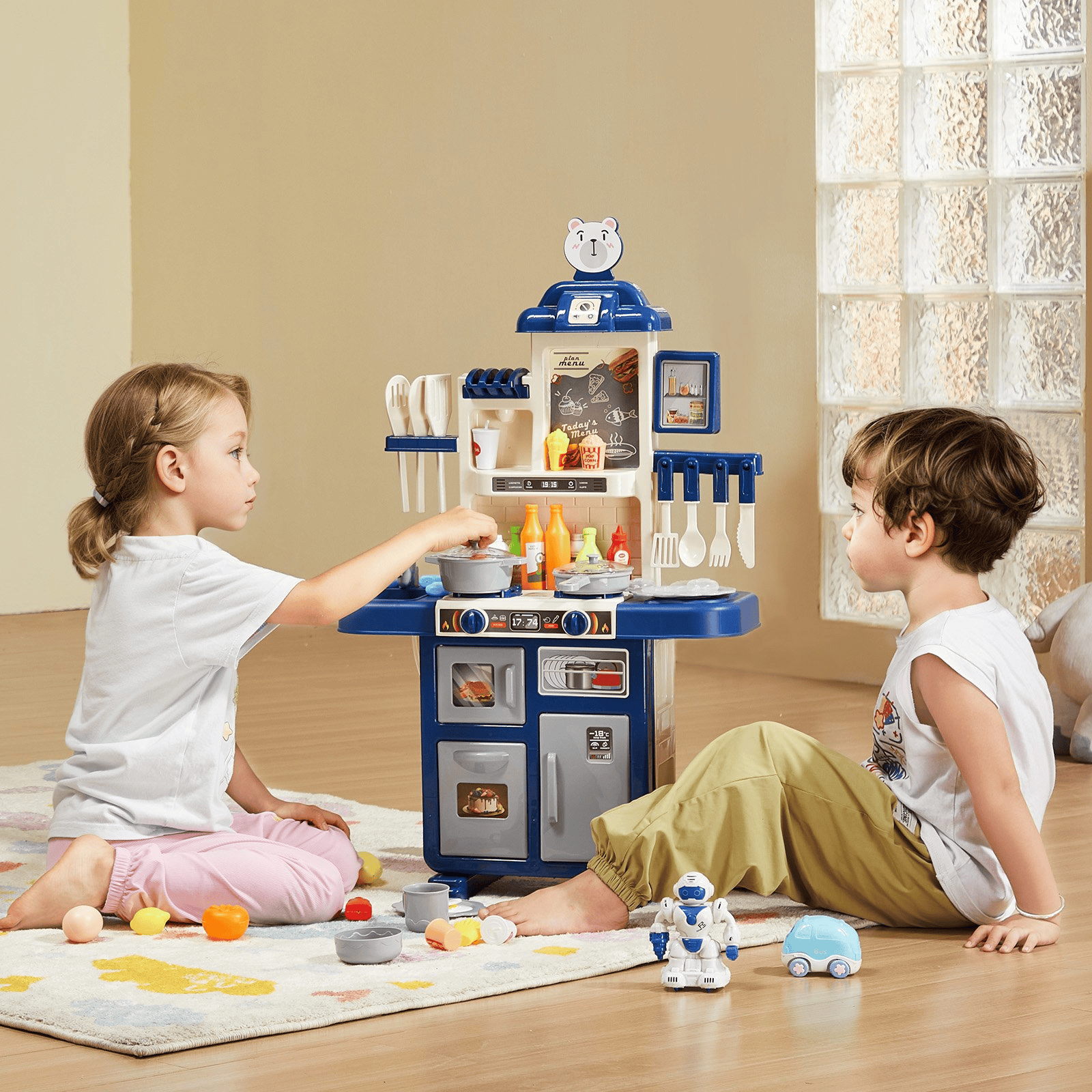 VEVOR Kitchen Playset Kids Pretend Cooking Play Toy 48 Piece Accessories Blue