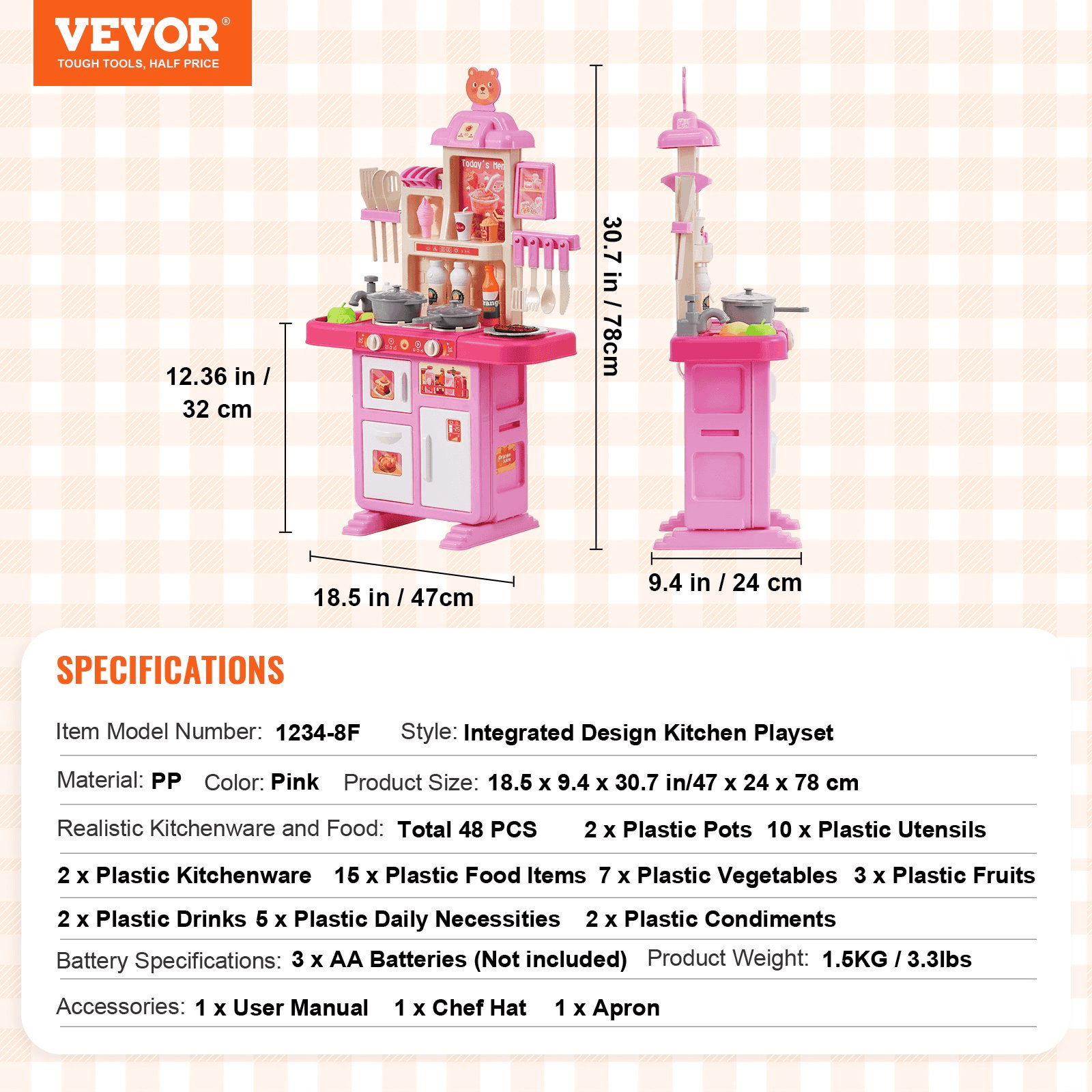 VEVOR Kitchen Playset Kids Pretend Cooking Play Toy 48 Piece Accessories Pink