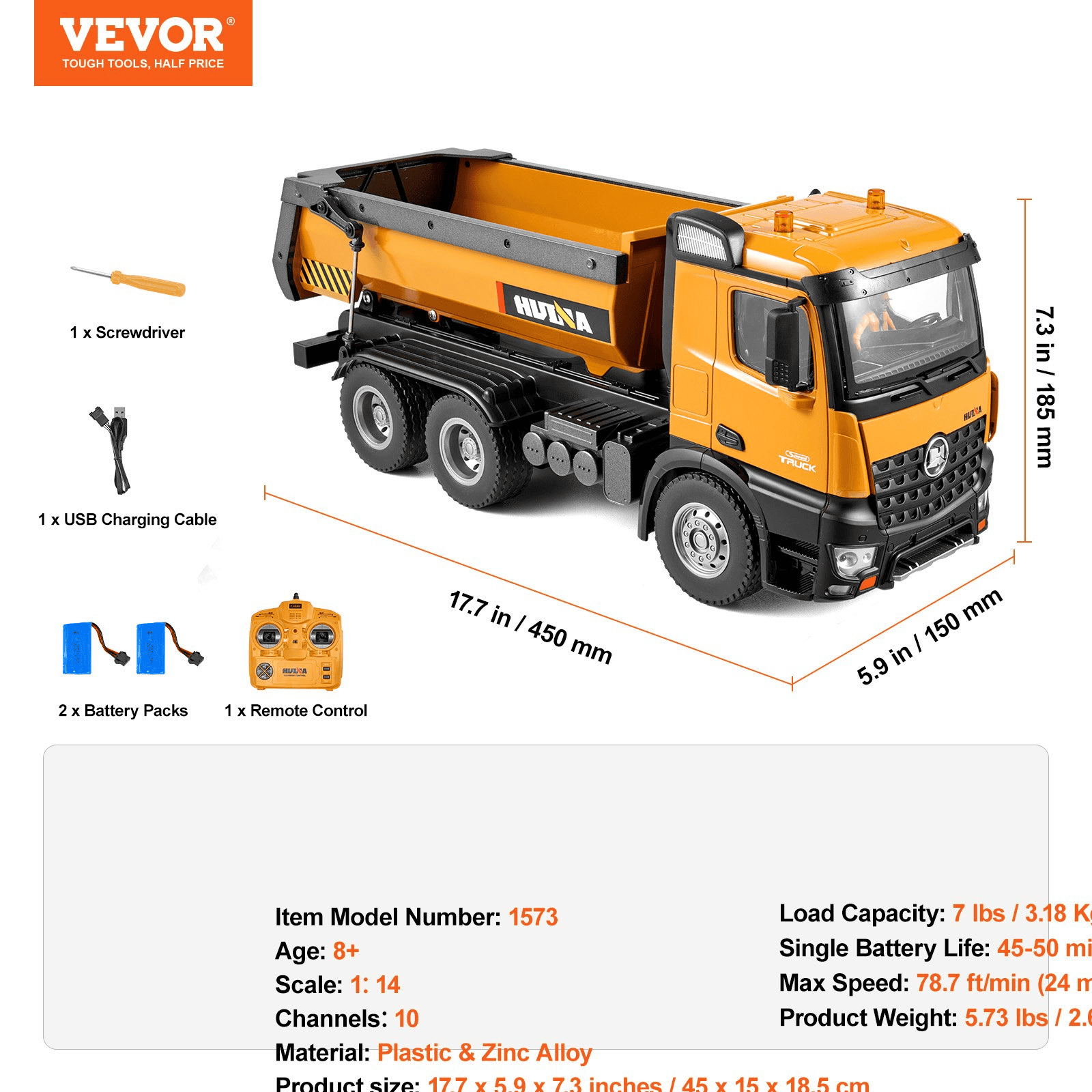 VEVOR RC Remote Control Dump Truck Toy Construction Vehicle Toy 10CH 1:14 Scale