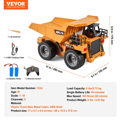 VEVOR RC Remote Control Dump Truck Toy Construction Vehicle Toy 9CH 1:18 Scale