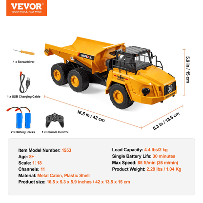 VEVOR RC Remote Control Dump Truck Toy Construction Vehicle Toy 11CH 1:18 Scale