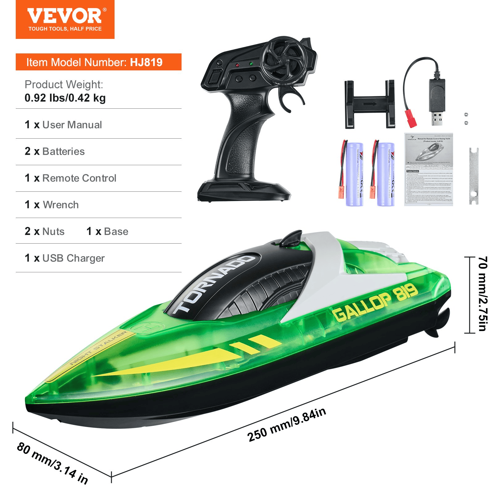 VEVOR RC Boat 2.4 GHz Remote Control Racing Boat 12 km/h Kids Adults Gift Green