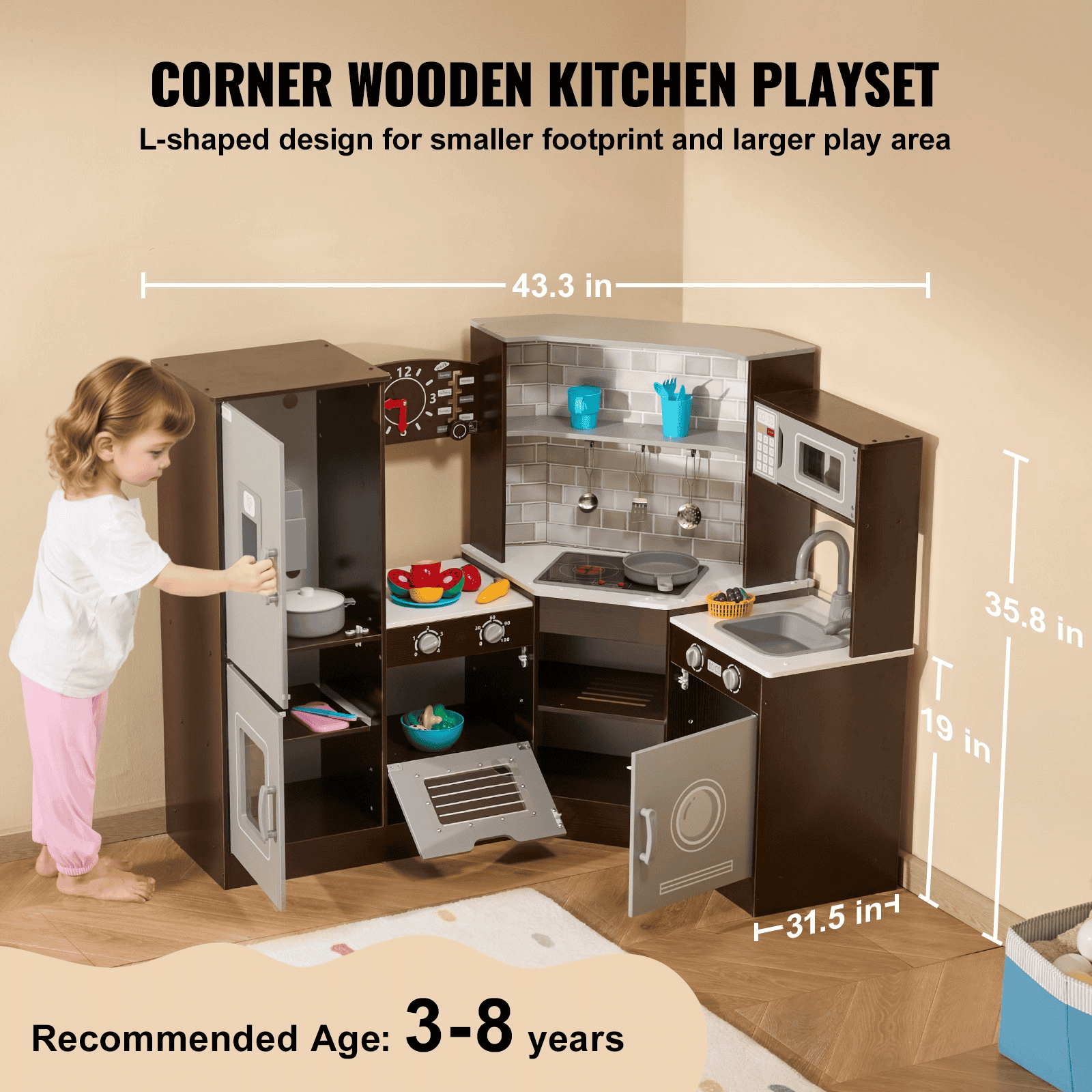 Kitchen Playset Kids Pretend Cooking Play Toy 24 Piece Accessories Brown