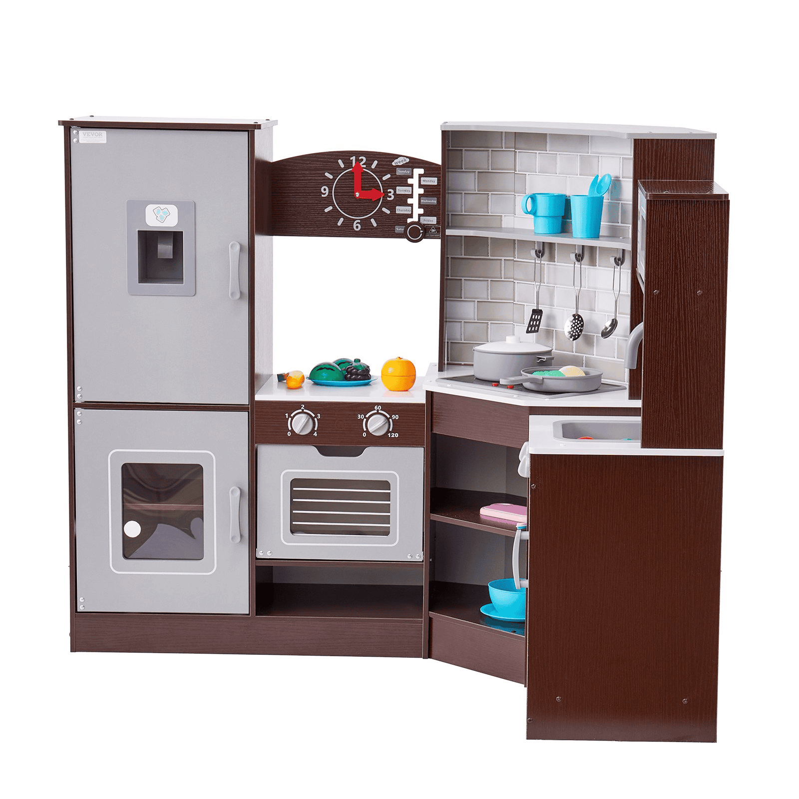 Kitchen Playset Kids Pretend Cooking Play Toy 24 Piece Accessories Brown