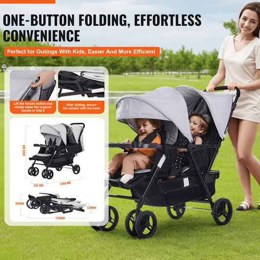 Double Stroller Foldable Lightweight Twin Tandem Stroller Light Gray+Black