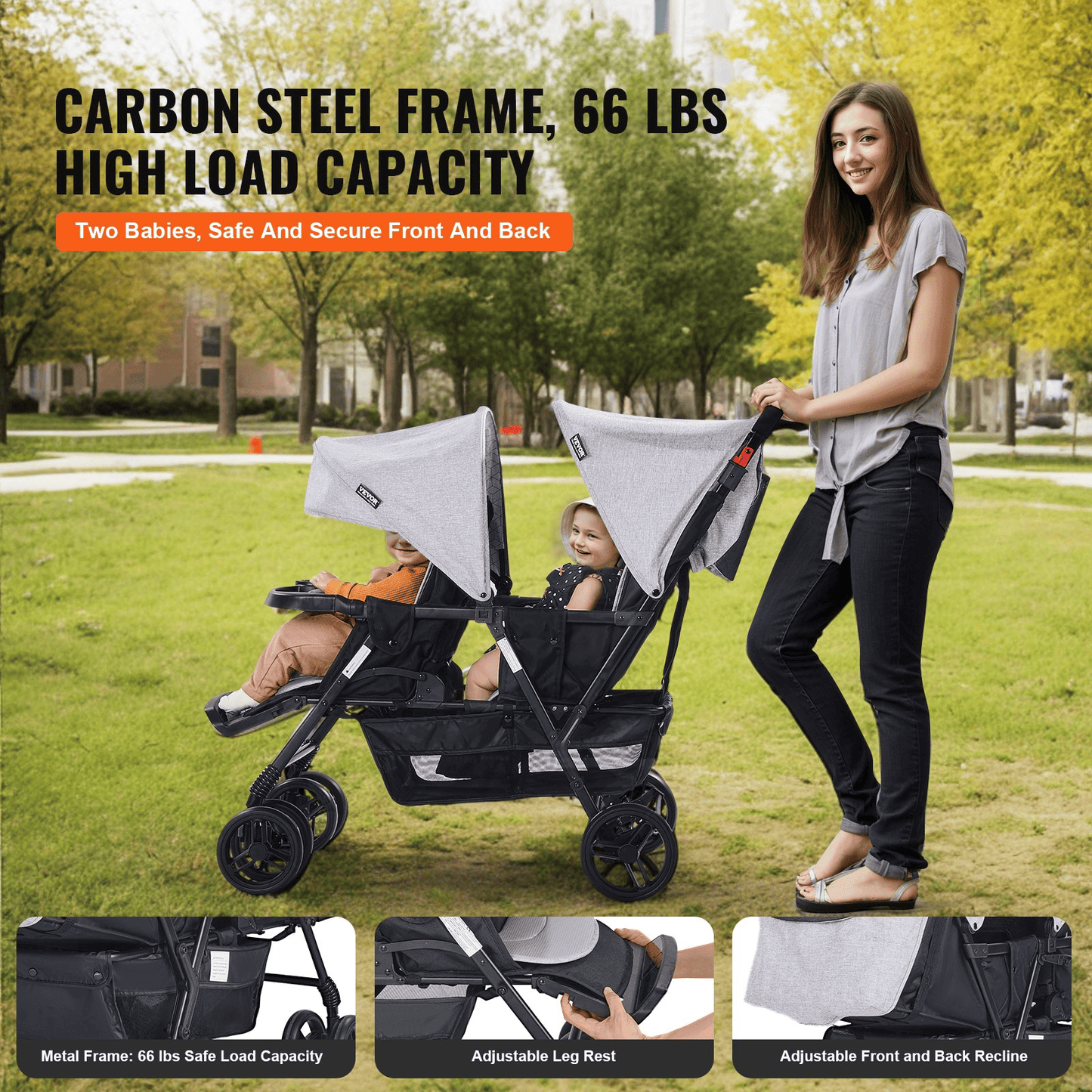 Double Stroller Foldable Lightweight Twin Tandem Stroller Light Gray+Black