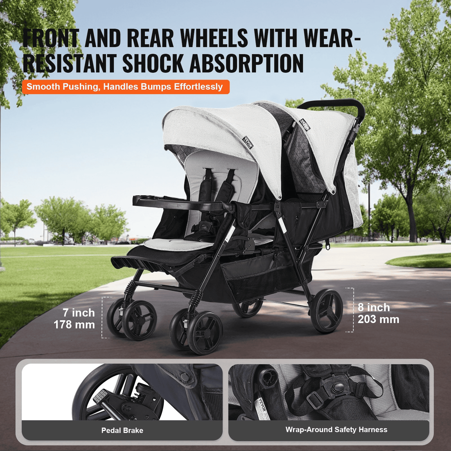 Double Stroller Foldable Lightweight Twin Tandem Stroller Light Gray+Black