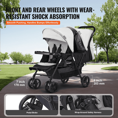 Double Stroller Foldable Lightweight Twin Tandem Stroller Light Gray+Black