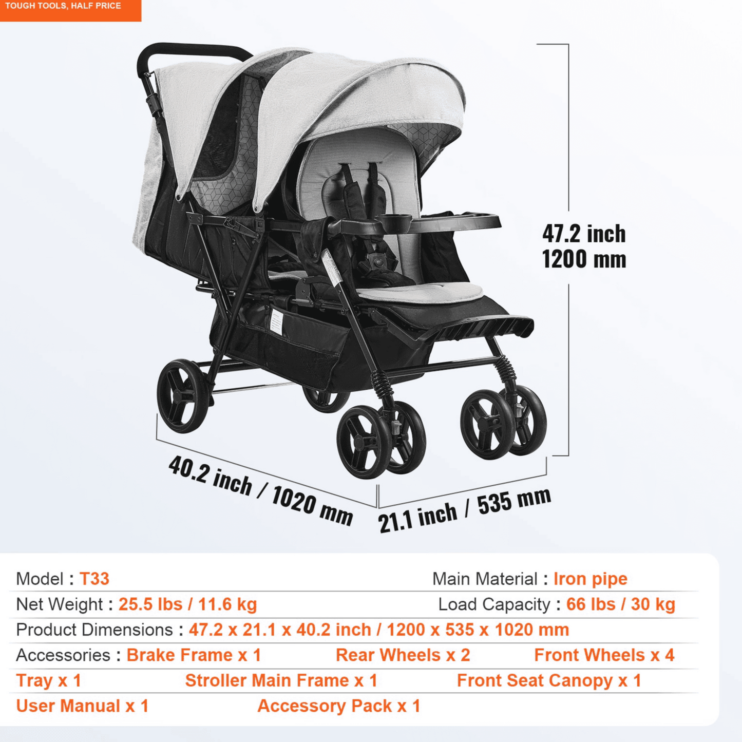 Double Stroller Foldable Lightweight Twin Tandem Stroller Light Gray+Black