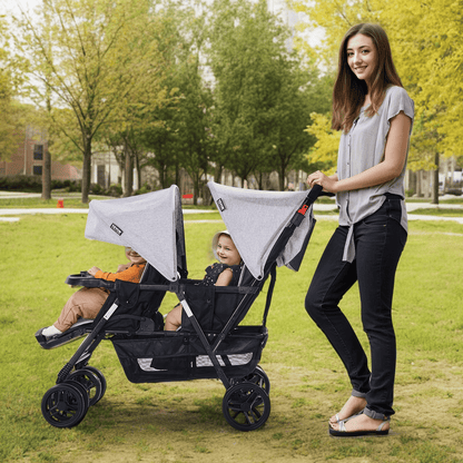 Double Stroller Foldable Lightweight Twin Tandem Stroller Light Gray+Black