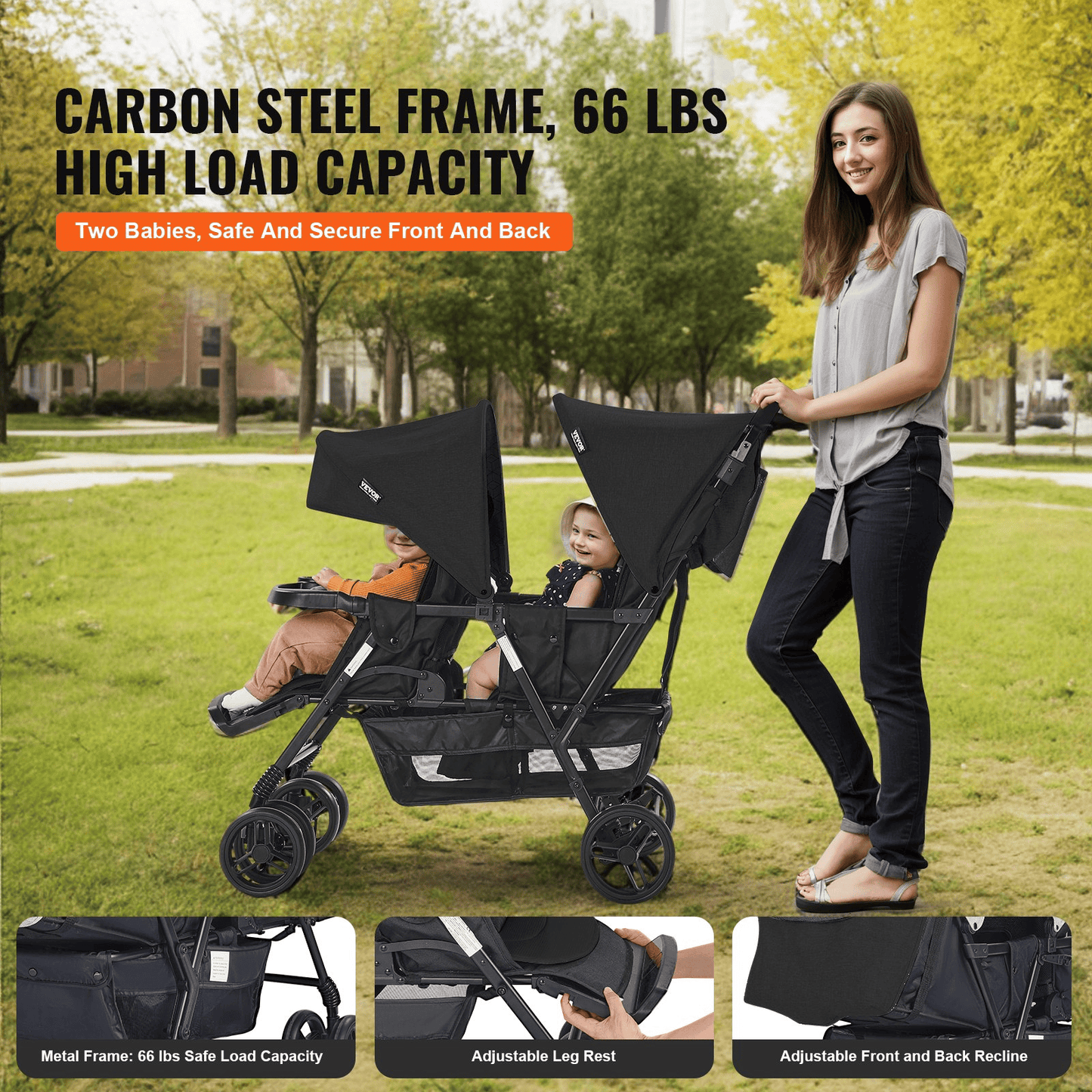 Double Stroller Foldable Lightweight Twin Tandem Stroller Black