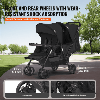 Double Stroller Foldable Lightweight Twin Tandem Stroller Black