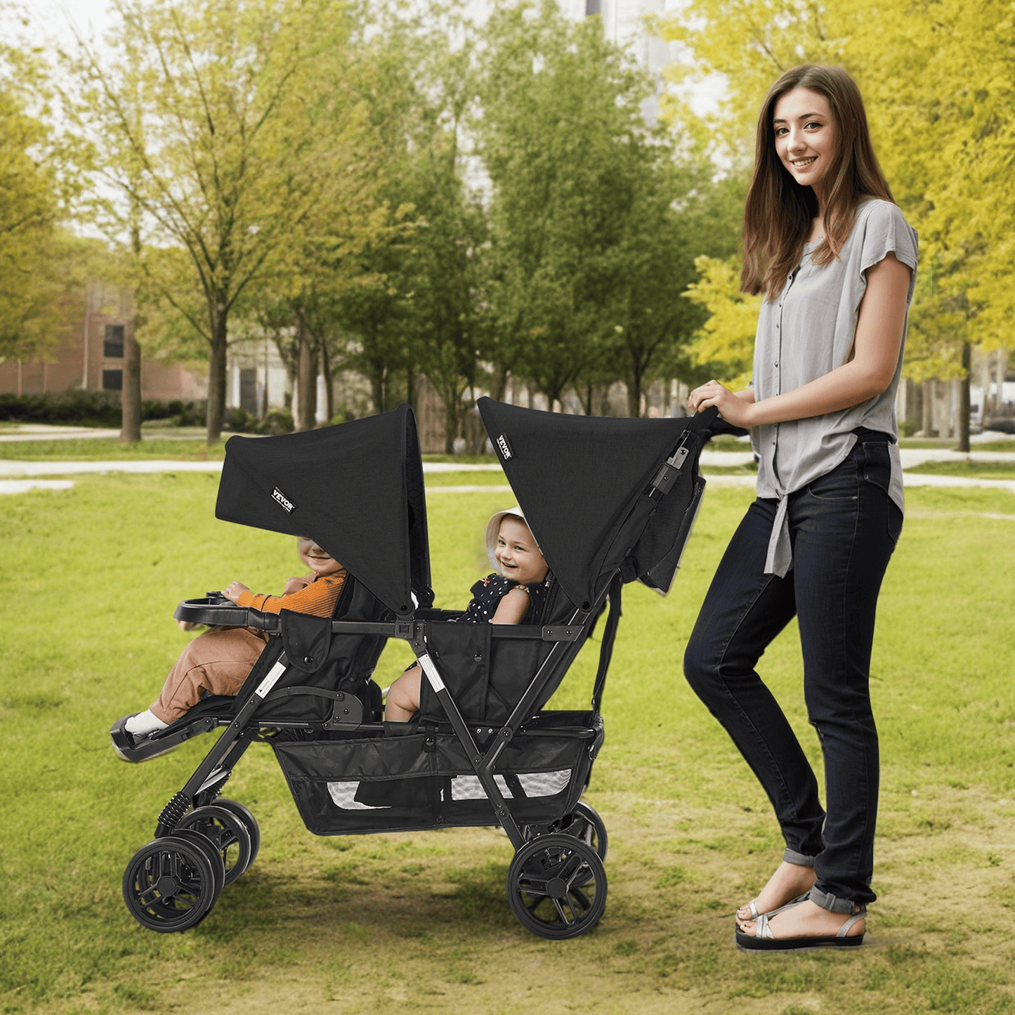 Double Stroller Foldable Lightweight Twin Tandem Stroller Black