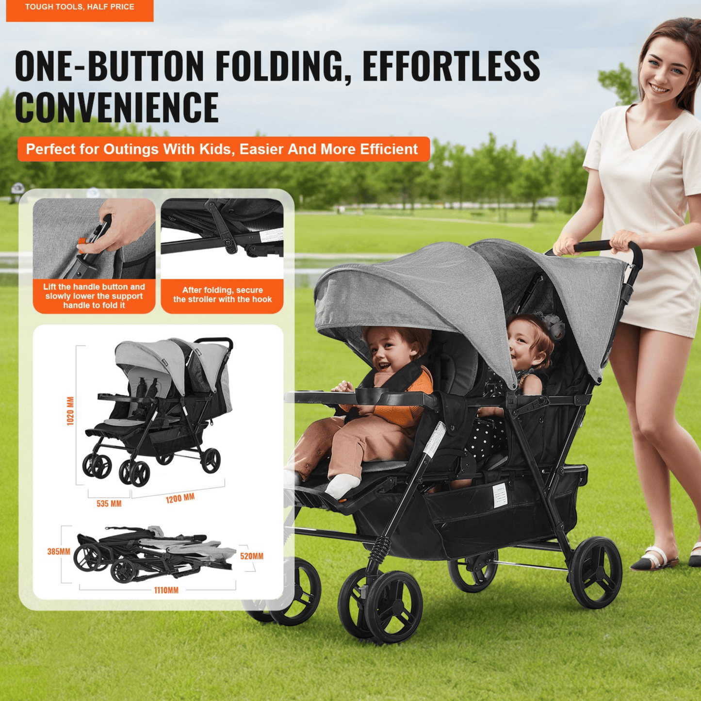 Double Stroller Foldable Lightweight Twin Tandem Stroller Dark Gray