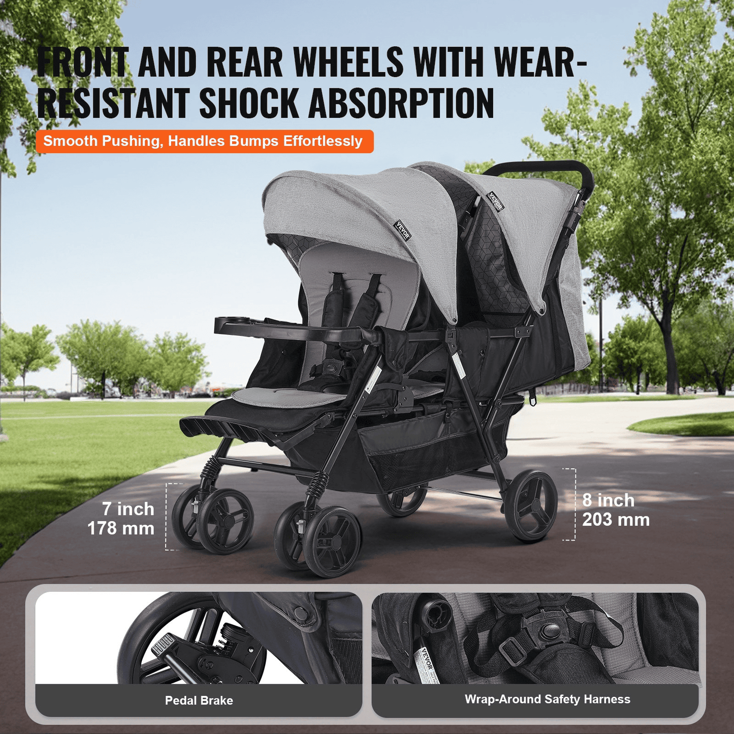 Double Stroller Foldable Lightweight Twin Tandem Stroller Dark Gray