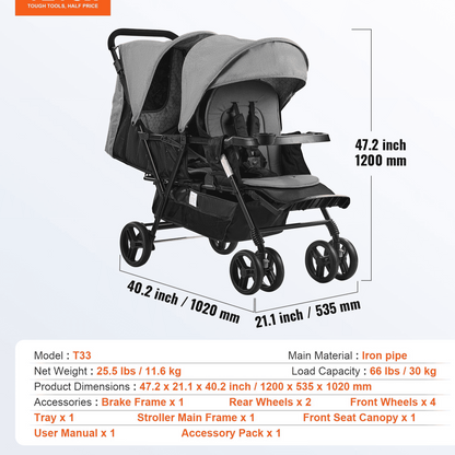 Double Stroller Foldable Lightweight Twin Tandem Stroller Dark Gray