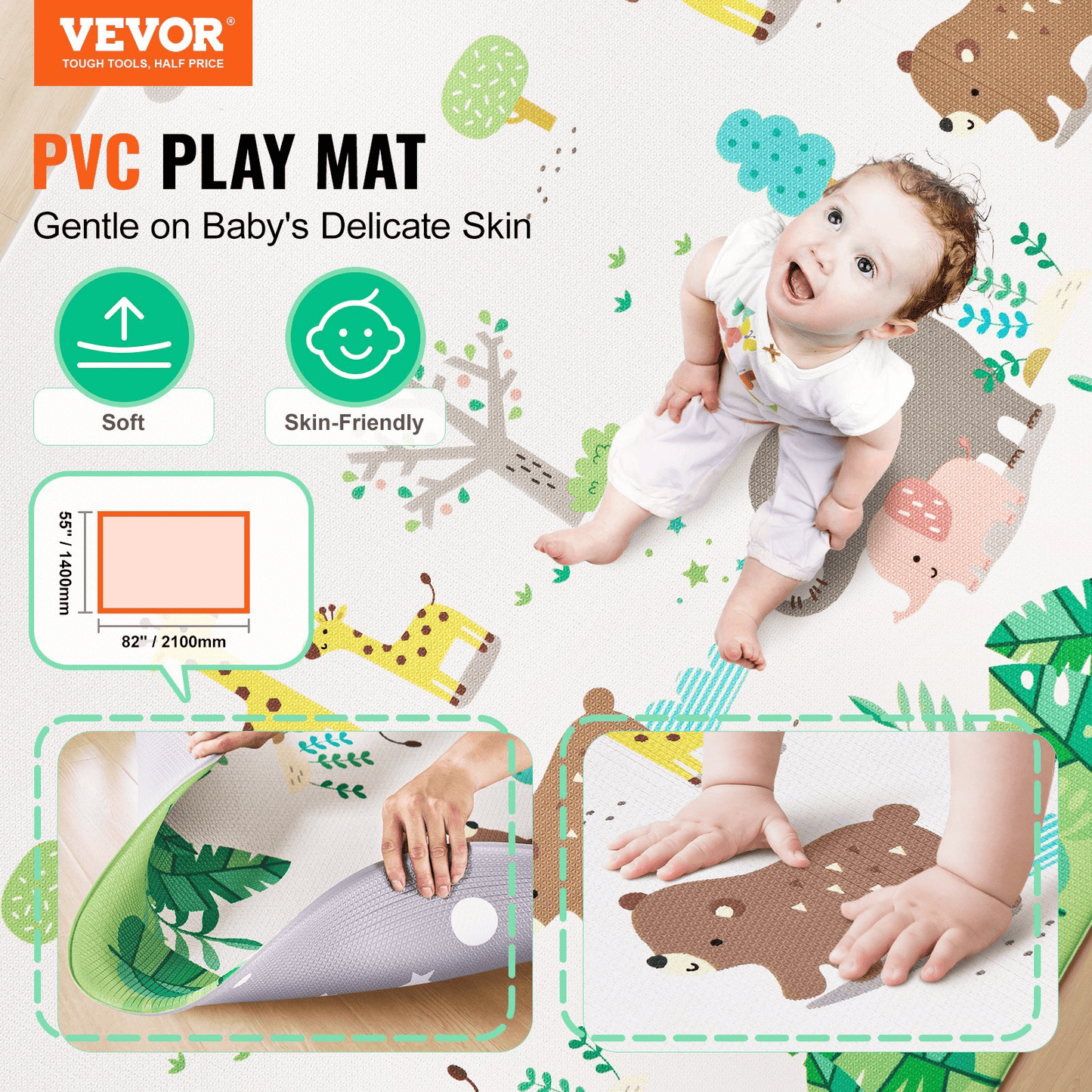 VEVOR 55"x82" Baby Play Mat Kids Crawling Soft Activity Floor Playmat 2 Side