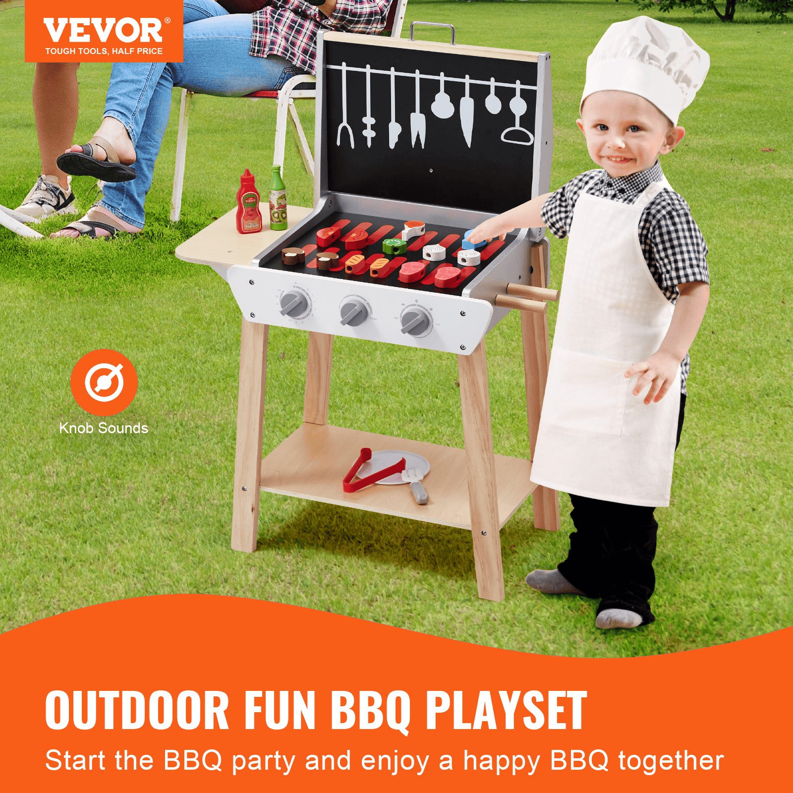 VEVOR 21 PCS Kids BBQ Grill Playset Wooden Cooking Grill Toy Set Pretend Sound