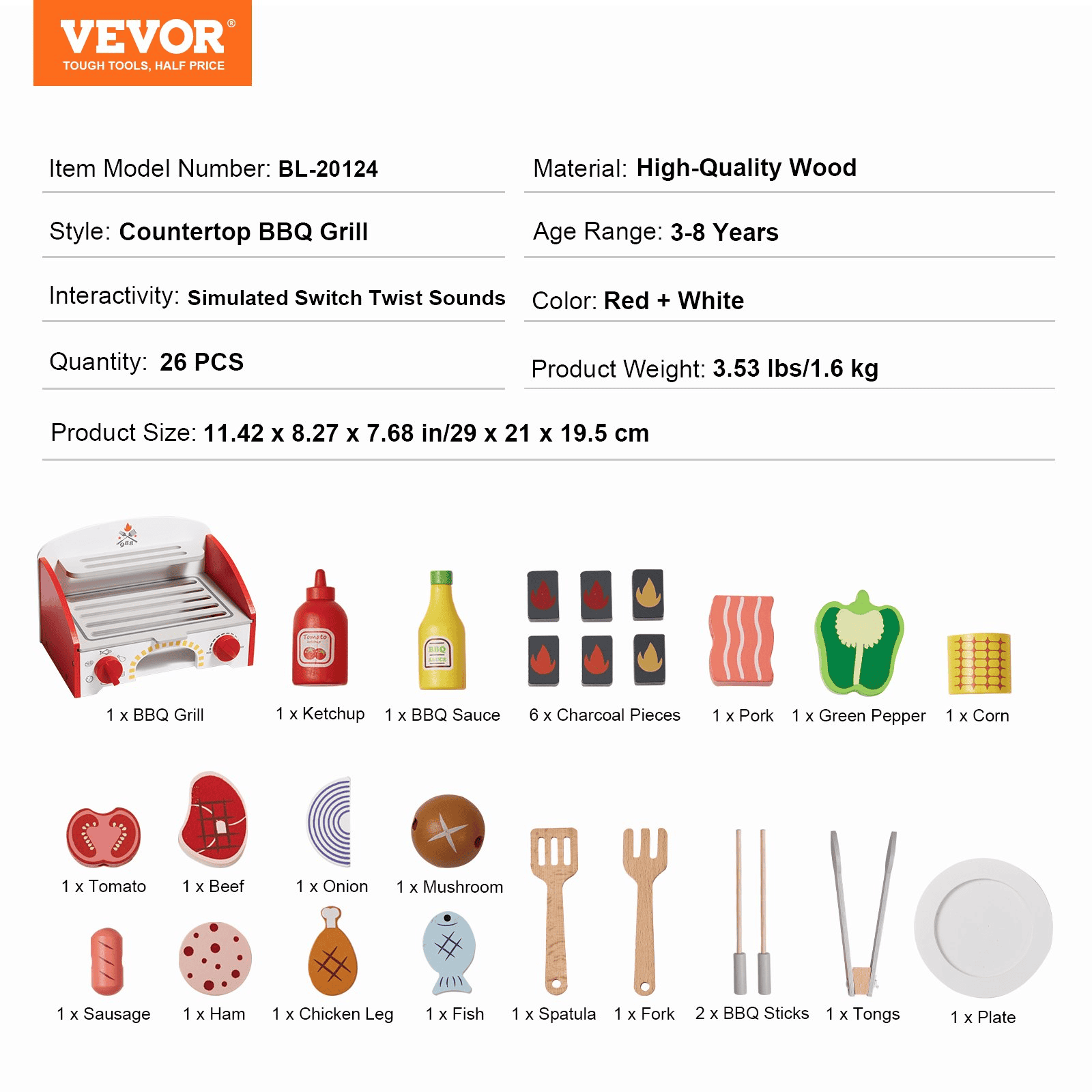 VEVOR 26 PCS Kids BBQ Grill Playset Wooden Cooking Grill Toy Set Pretend Sound