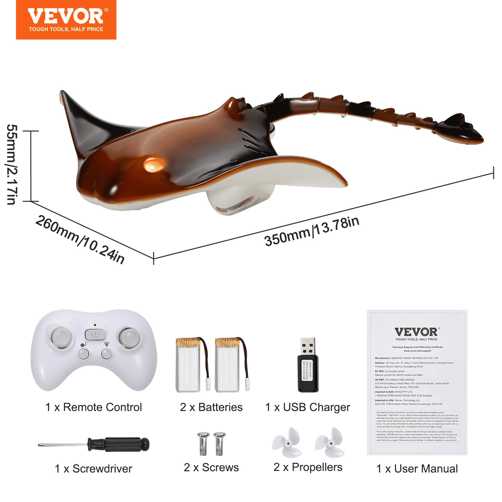 Christmas gifts! VEVOR Remote Control Manta Ray Toy 2.4 GHz High Speed RC Boat Kids Adults Gift