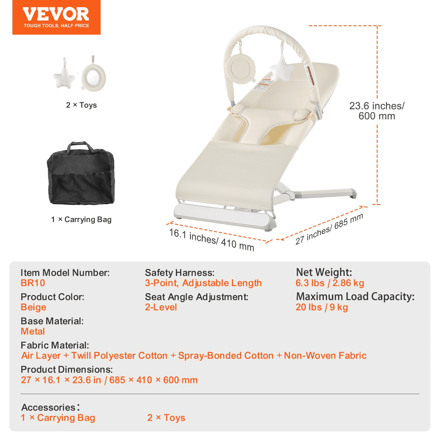 VEVOR Baby Bouncer Folding Bouncer Seat Chair for Babies 0-9 Months with Toy Bar