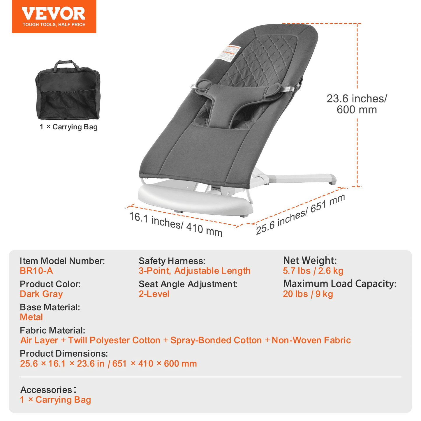 VEVOR Baby Bouncer Folding Bouncer Seat Chair for Babies with 2 Reclining Angles