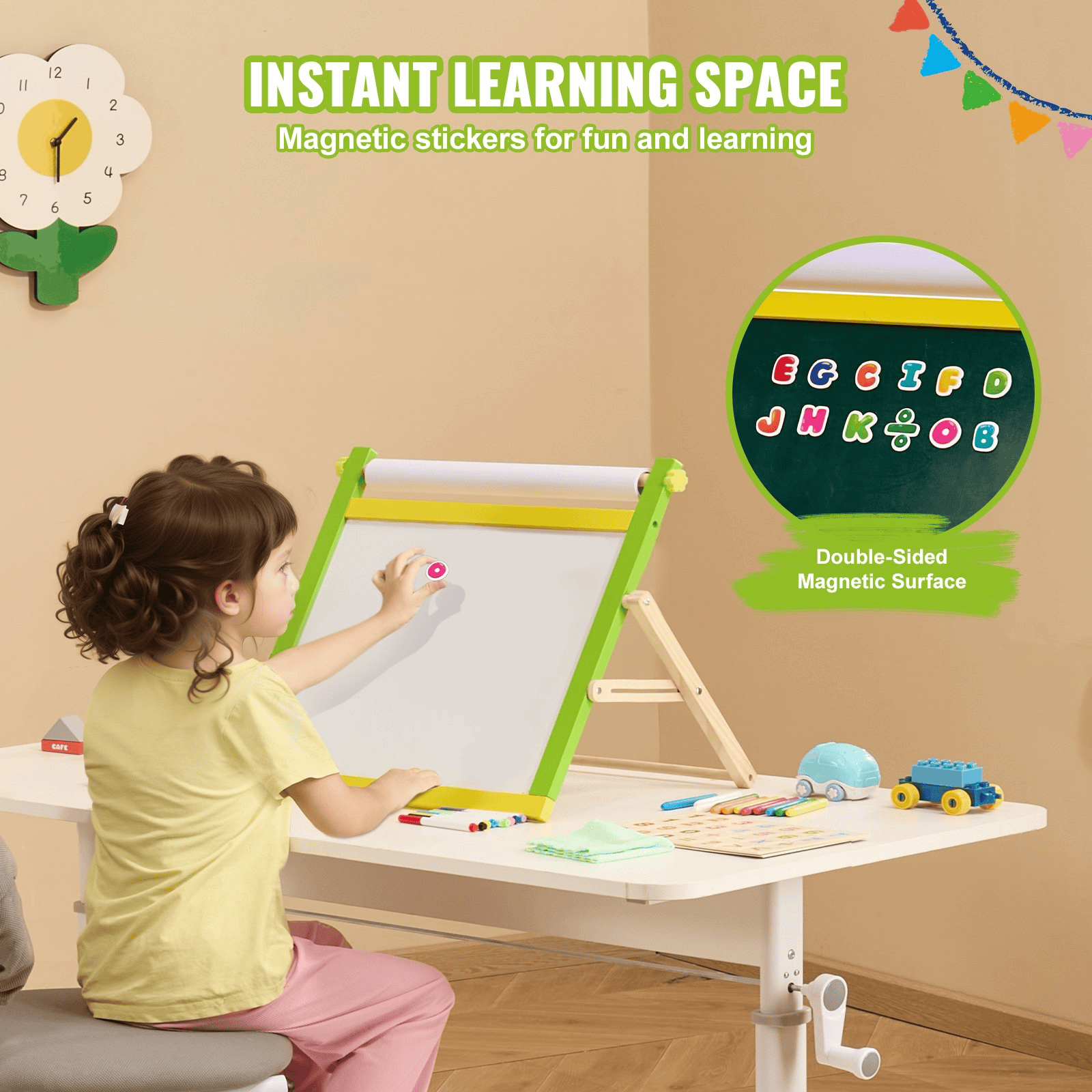 VEVOR 3-in-1 Tabletop Kids Art Easel Double-Sided Magnetic Whiteboard Chalkboard