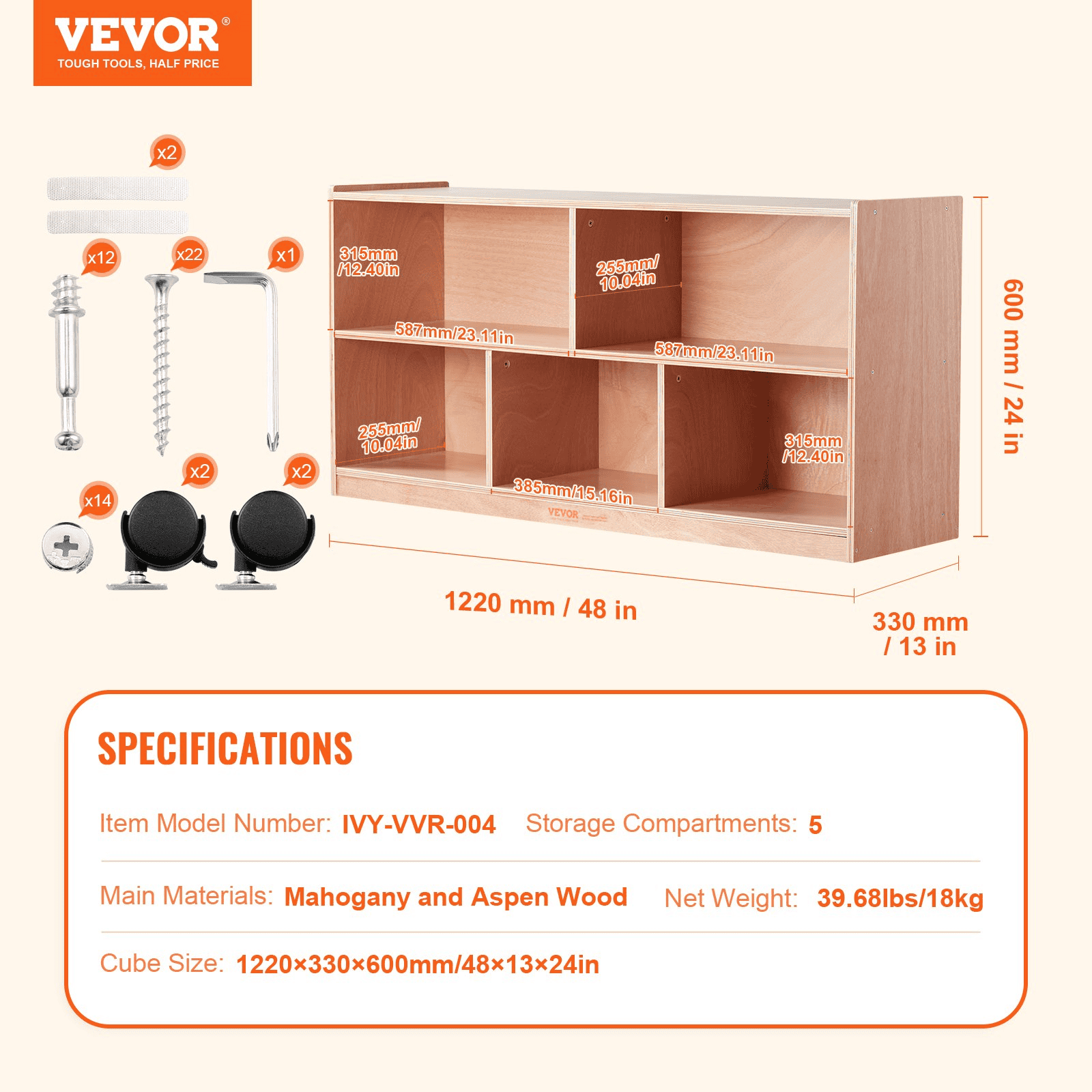 VEVOR Storage Shelf Tray Cabinet 5-Section Cubby Storage 2-Shelf for Home School, Kid Cubby Lockers