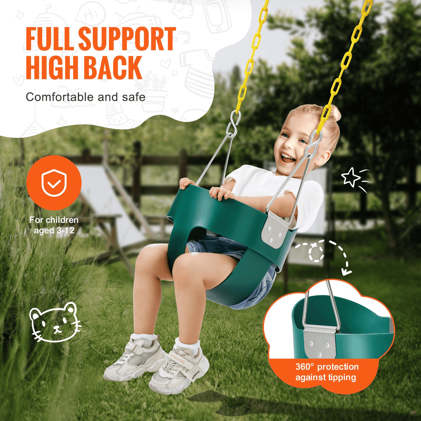 VEVOR Toddler Swing Seat High Back Full Bucket Baby Swing Seat Support 150 lbs