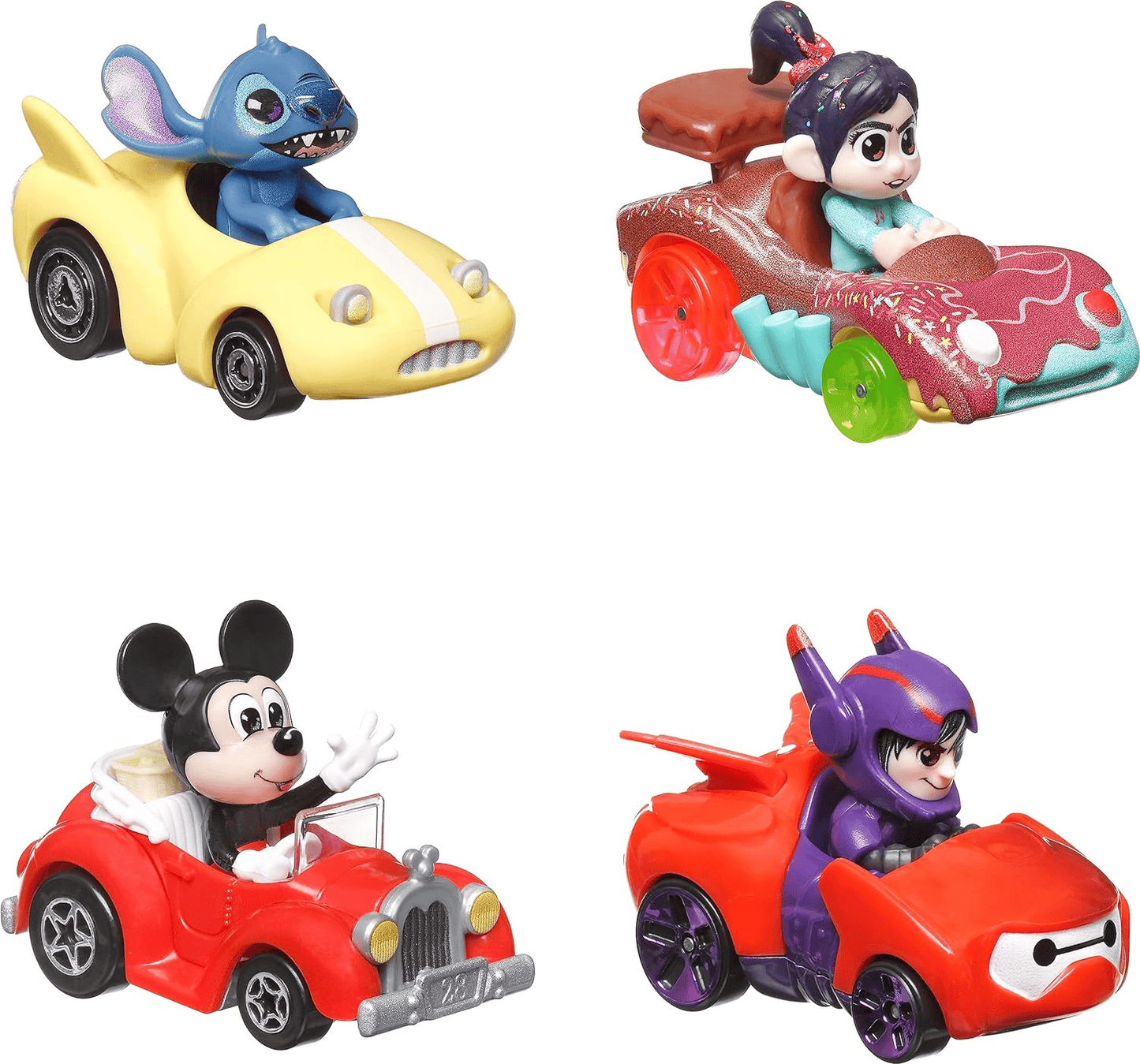 Hot Wheels RacerVerse, 4 Pack Disney Metal Toy Cars optimized for use on Hot Wheels tracks, featuring popular Disney Characters