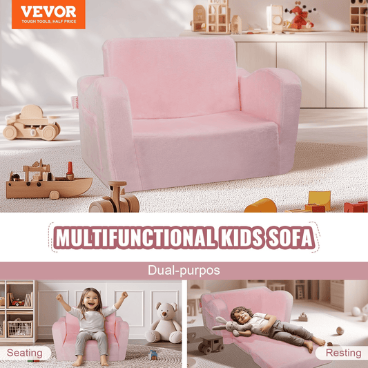 VEVOR Kids Couch, 2-in-1 Toddler Chairs Comfy, Toddler Couch Sofa Bed Fold Out, Convertible Sofa to Lounger, Kids Chair Seat Playroom Furniture for Kids Girls & Boys, Pink