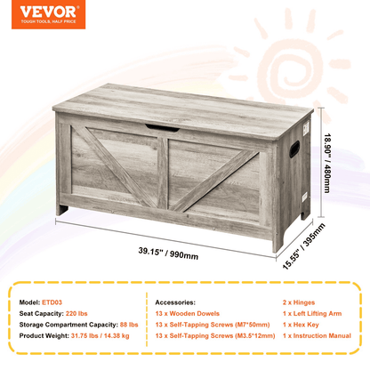 VEVOR Kids Toy Storage Bench Wooden Toy Box Chest 38.98 x 15.55 x 18.9 in Gray