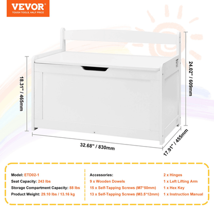 VEVOR Kids Toy Storage Bench Wooden Toy Box Chest 32.68 x 17.91 x 24.02" White