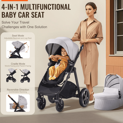 Stroller Travel System With Bassinet Playard Baby Combo Set Light Gray