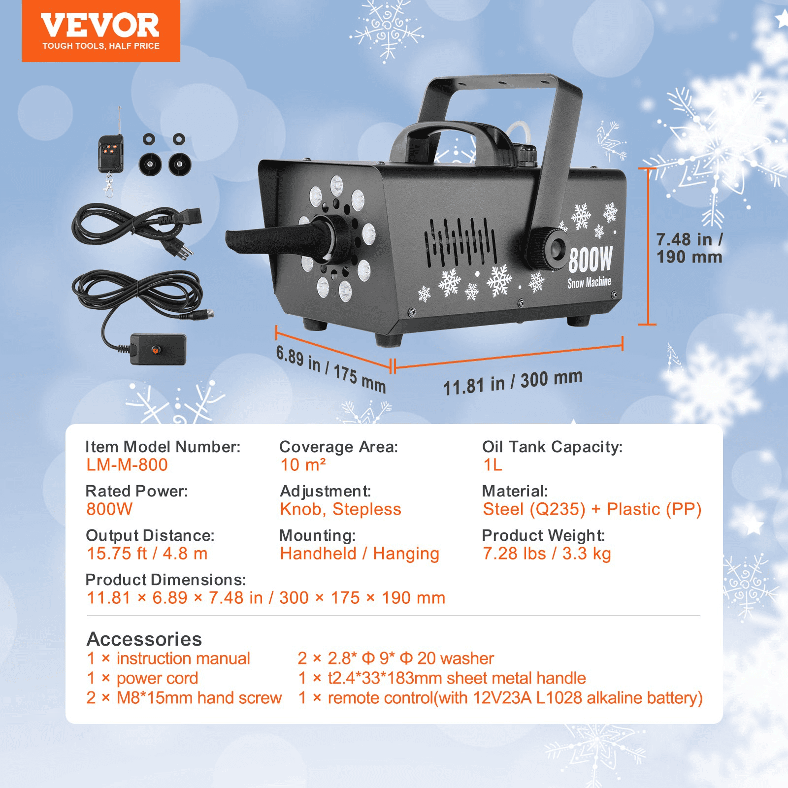 Snow Machine 800W Handheld Hanging Snow Maker with LED Light for Holidays