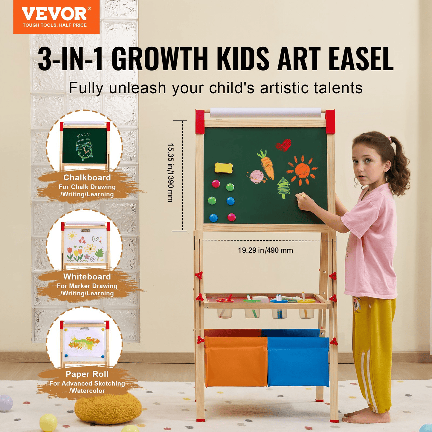 VEVOR 3-in-1 Kids Art Easel Double-Sided Wooden Magnetic Whiteboard Chalkboard