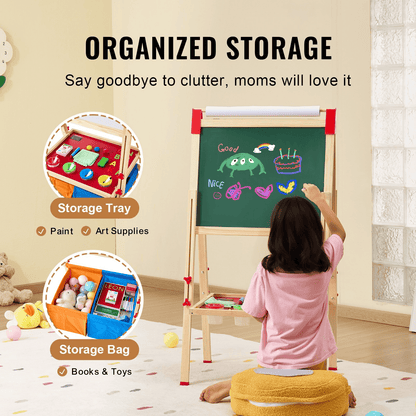 VEVOR 3-in-1 Kids Art Easel Double-Sided Wooden Magnetic Whiteboard Chalkboard