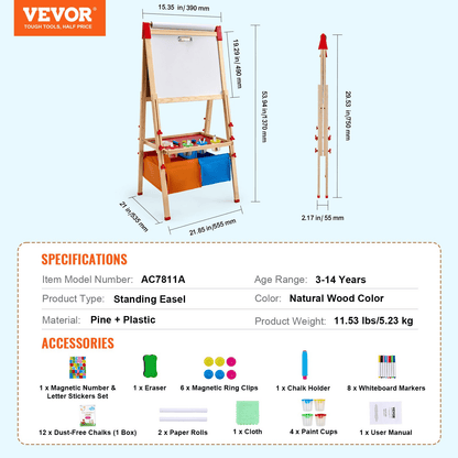 VEVOR 3-in-1 Kids Art Easel Double-Sided Wooden Magnetic Whiteboard Chalkboard