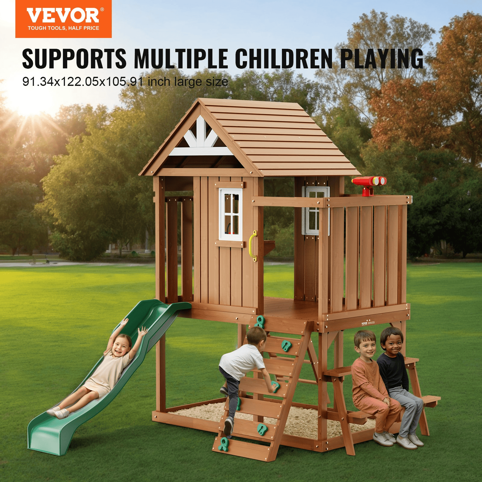 VEVOR Outdoor Wooden Playhouse Kids Garden Game Cottage with Slide Ladder Window