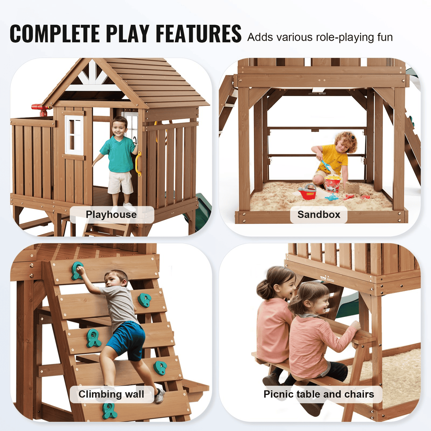 VEVOR Outdoor Wooden Playhouse Kids Garden Game Cottage with Slide Ladder Window