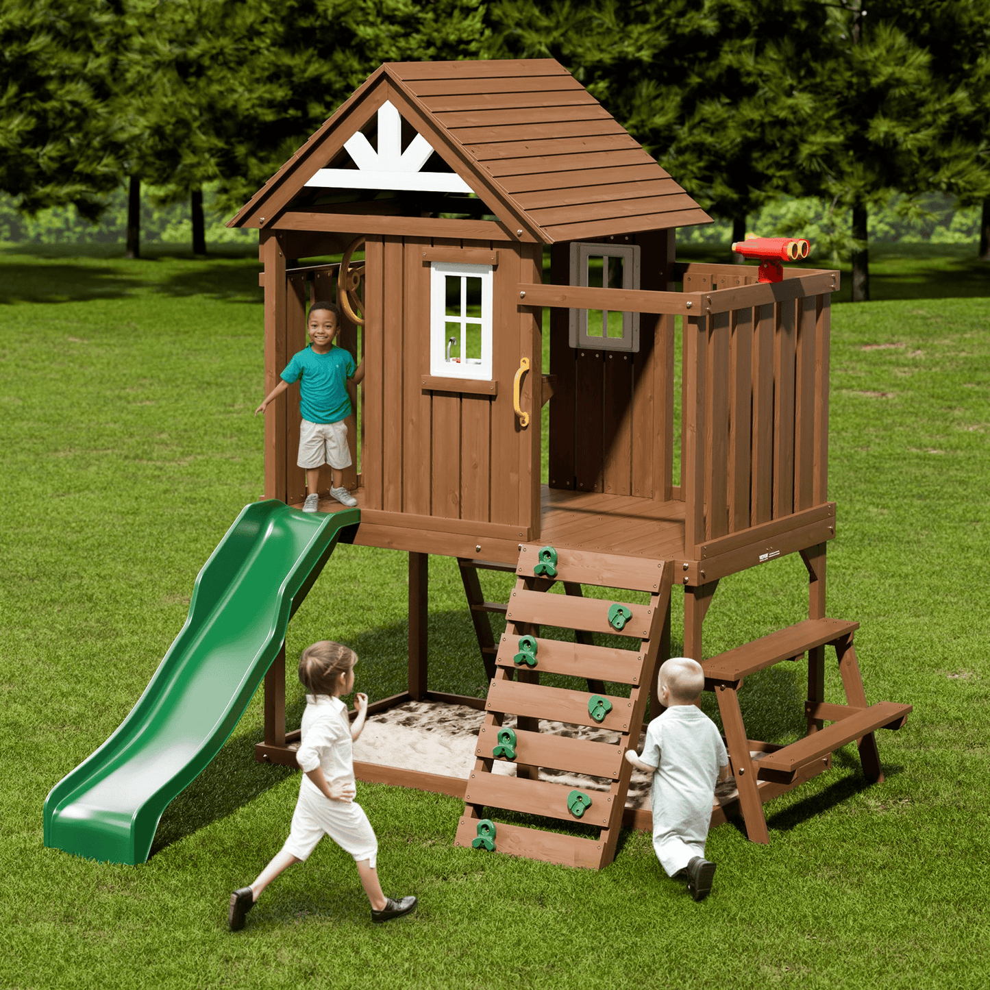 VEVOR Outdoor Wooden Playhouse Kids Garden Game Cottage with Slide Ladder Window