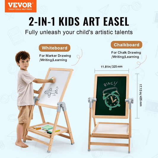 VEVOR 2-in-1 Kids Art Easel Double-Sided Wooden Magnetic Whiteboard Chalkboard