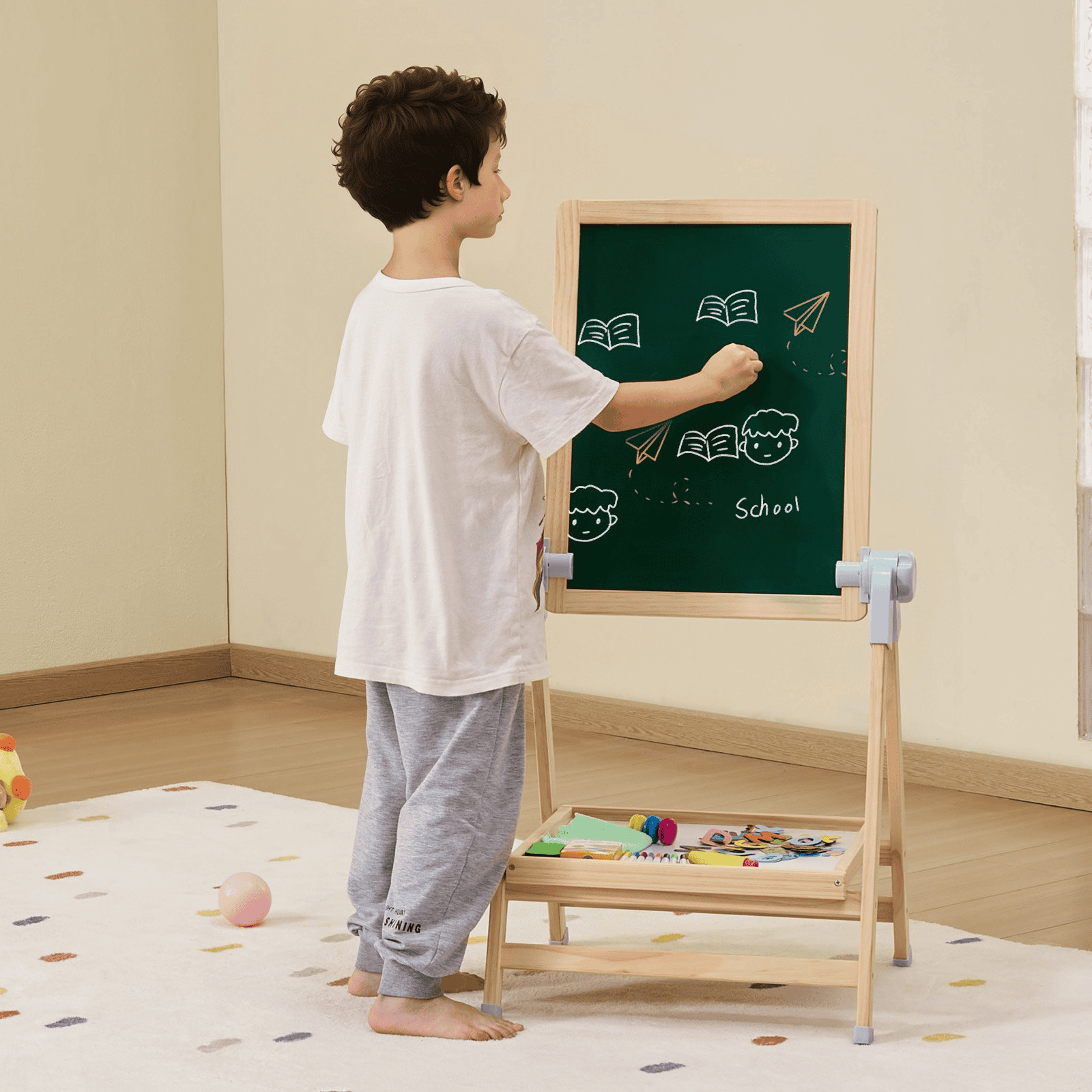 VEVOR 2-in-1 Kids Art Easel Double-Sided Wooden Magnetic Whiteboard Chalkboard