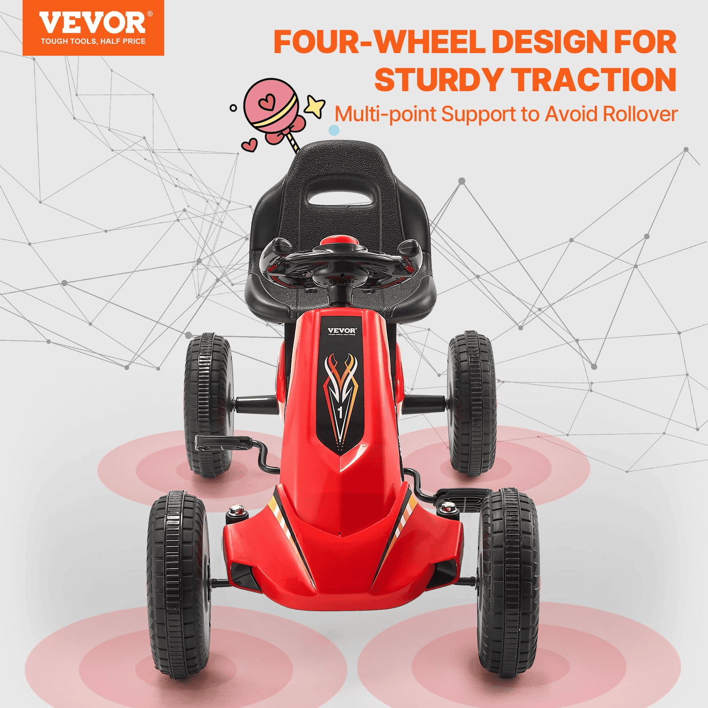 VEVOR Go Kart 4 Wheel Pedal Ride On Toy for Kids Ages 3-8 Adjustable Seat Red