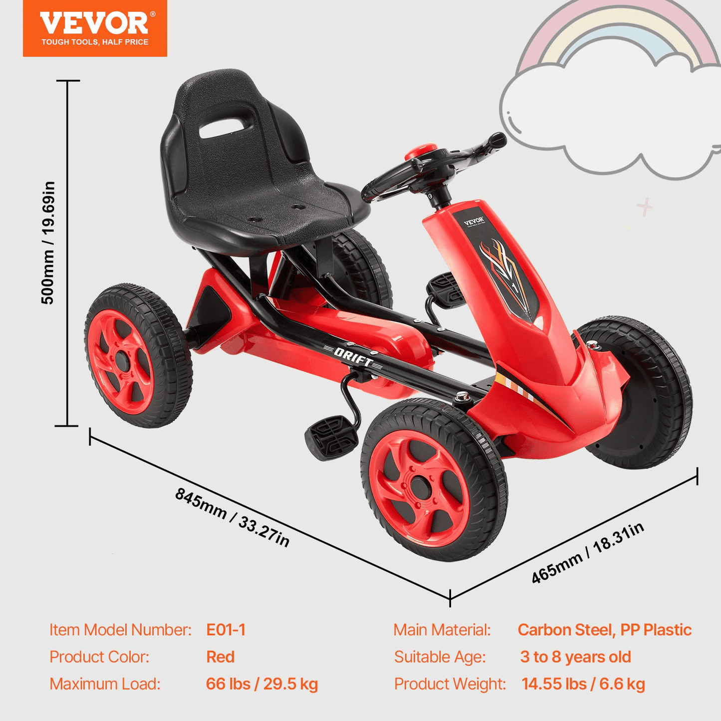 VEVOR Go Kart 4 Wheel Pedal Ride On Toy for Kids Ages 3-8 Adjustable Seat Red