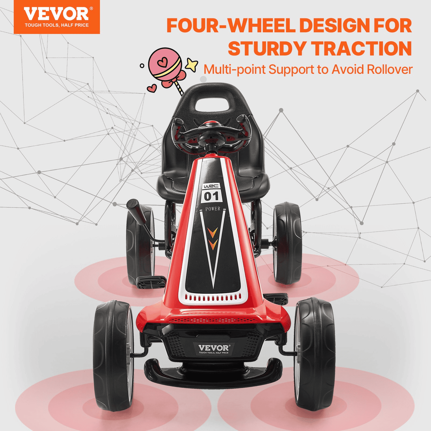 VEVOR Go Kart 4 Wheel Pedal Ride On Toy for Kids Adjustable Seat Hand Brake Red